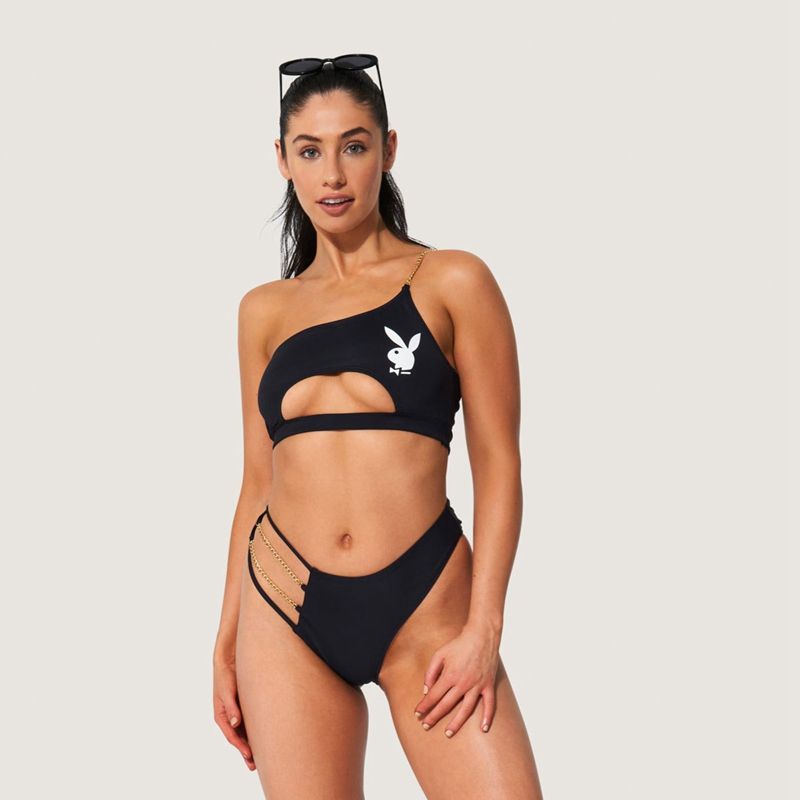 Costumi Da Bagno Playboy One Shoulder Cut Out Chain Bikini Donna Nere | 59186GLBE