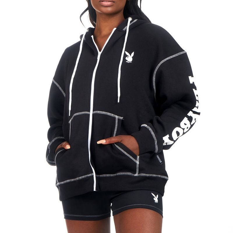 Felpa Con Cappuccio Playboy Active Zip Through Donna Nere | 21046NMYZ