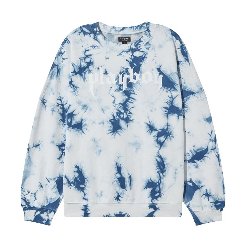 Felpa Con Cappuccio Playboy Crystal Tie-Dye Crewneck Donna Blu | 15297BQVN