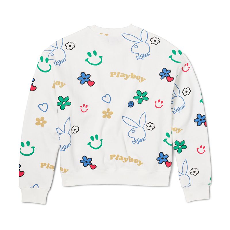 Felpa Con Cappuccio Playboy Doodle Crew Neck Donna Bianche Colorate | 47362JNZB