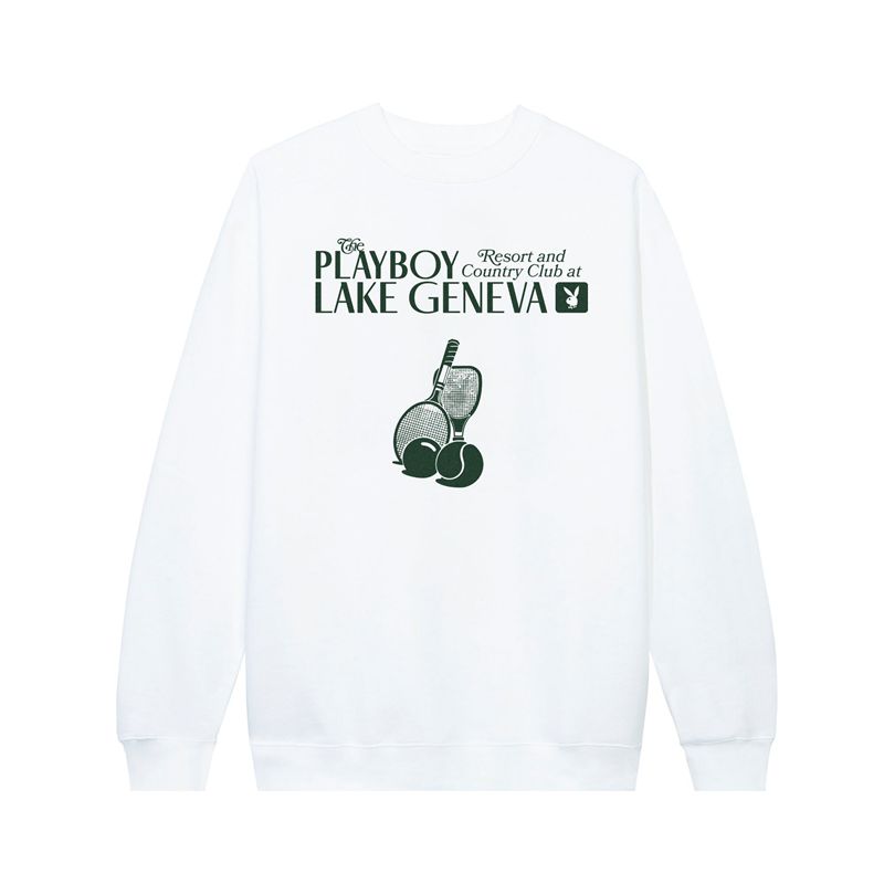 Felpa Con Cappuccio Playboy Lake Geneva Tennis Club Crewneck Sweat Uomo Bianche | 03728IQXG