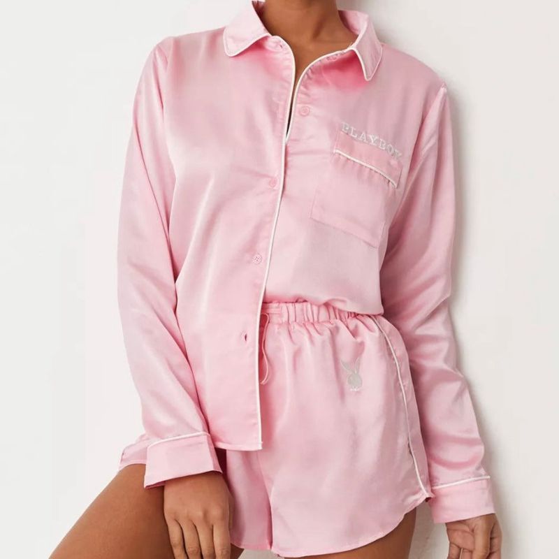 Loungewear Playboy Satin Pajama Set Donna Rosa | 38024BSGP