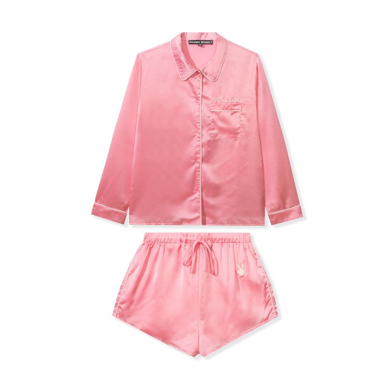 Loungewear Playboy Satin Pajama Set Donna Rosa | 38024BSGP