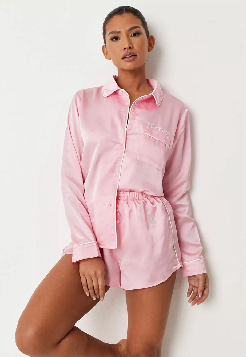 Loungewear Playboy Satin Pajama Set Donna Rosa | 38024BSGP