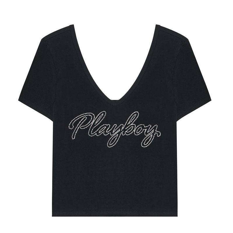 Magliette Playboy Crystal V-Neck Donna Grigie Scuro | 53162PMQA