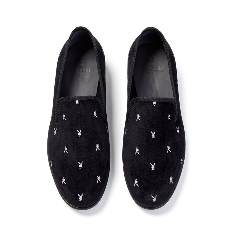 Scarpe Playboy Duke + Dexter Velvet Mini Rabbit Head Loafers Uomo Nere Bianche | 48635ANOG