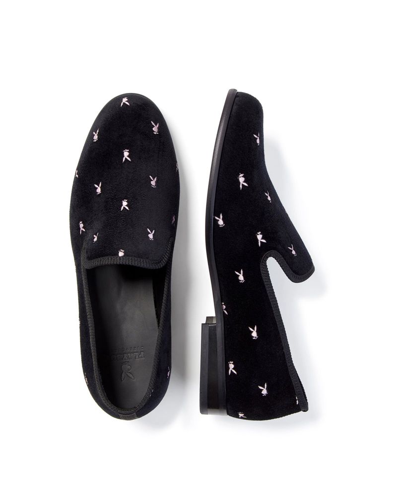 Scarpe Playboy Duke + Dexter Velvet Mini Rabbit Head Loafers Uomo Nere Bianche | 48635ANOG