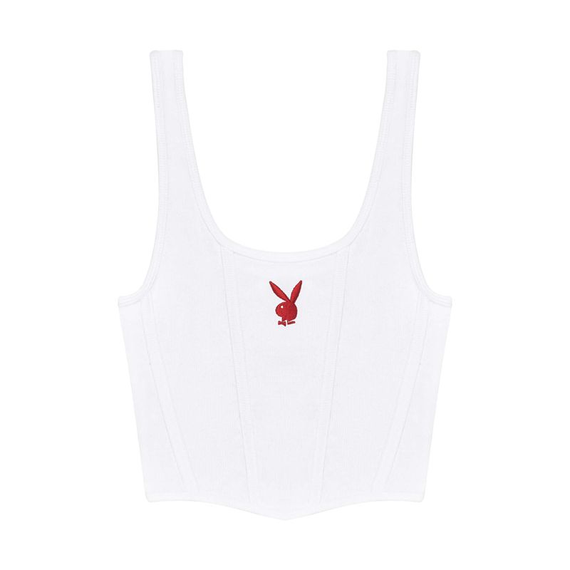 Tank Playboy White Corset Ribbed Donna Bianche | 38571WCPO